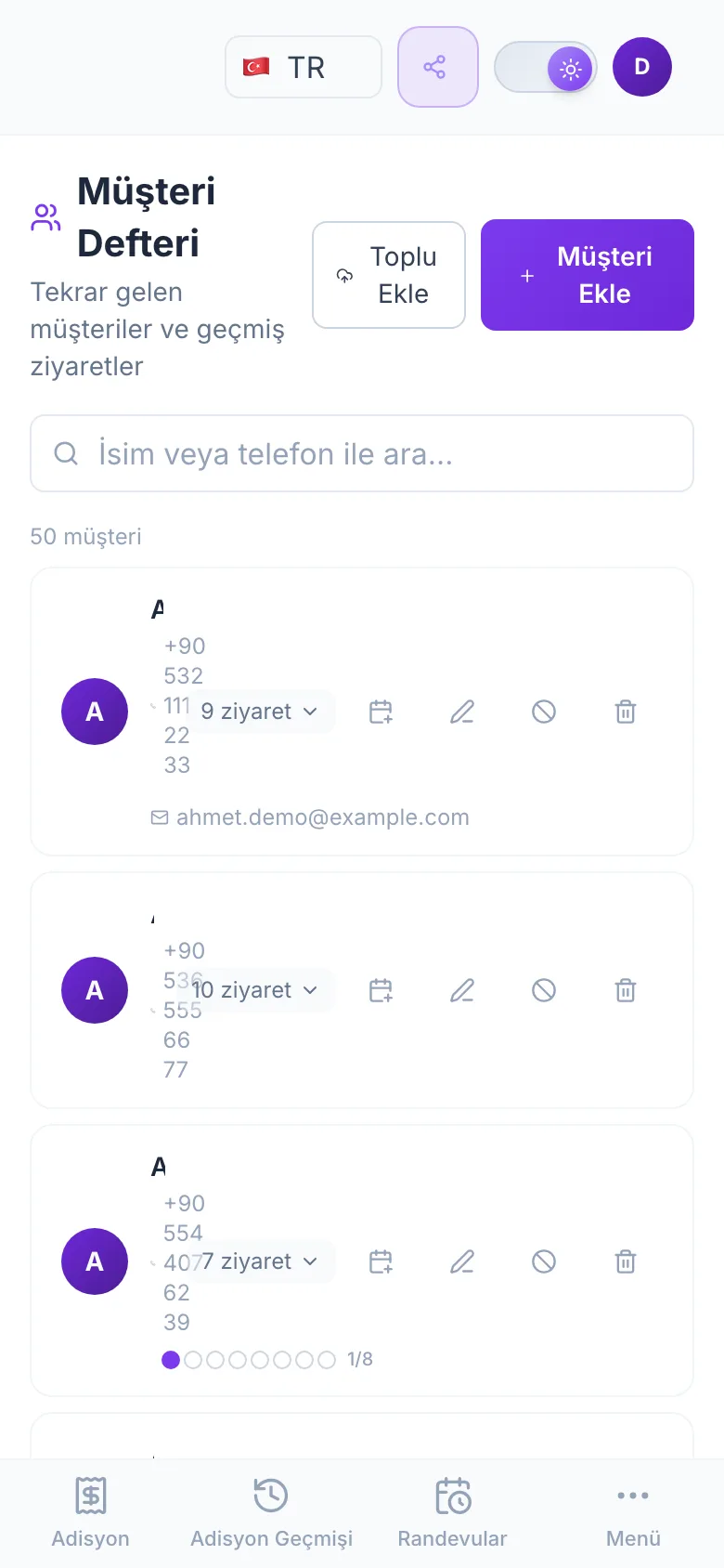 Telefonda müşteri defteri: müşteri kartları ve arama alanı