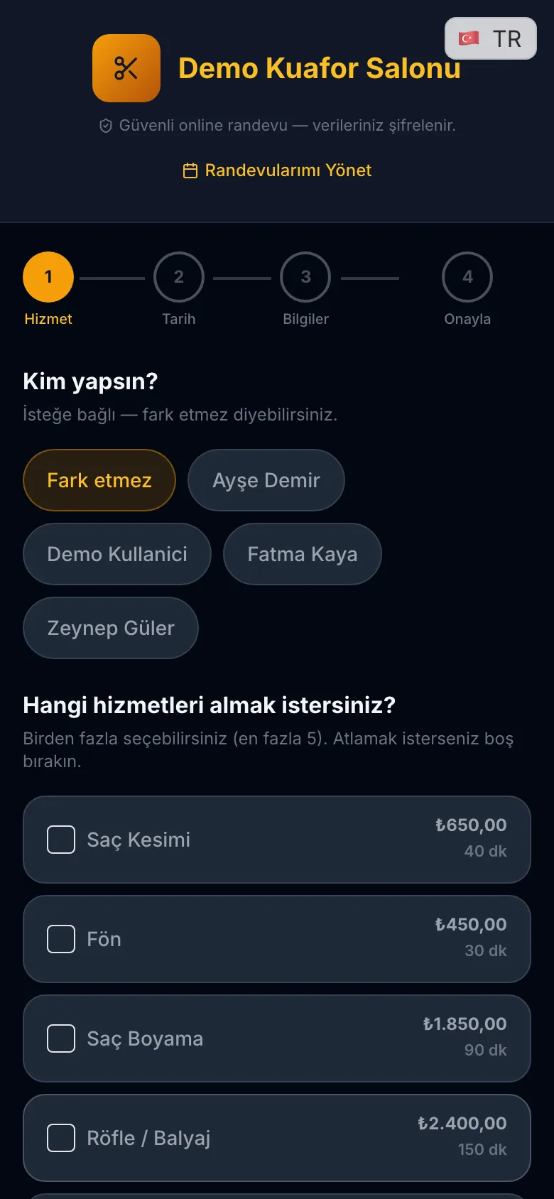 Müşterinin gördüğü online randevu sayfası: personel seçimi, fiyat ve süreyle hizmet listesi