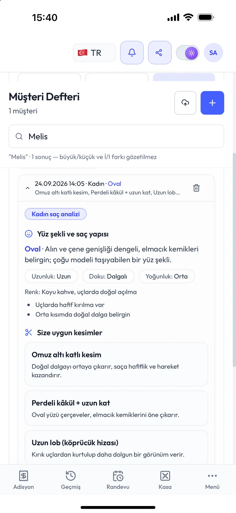 Telefonda müşteri kartındaki saç analizi: oval yüz şekli, saç yapısı ve kesim önerileri